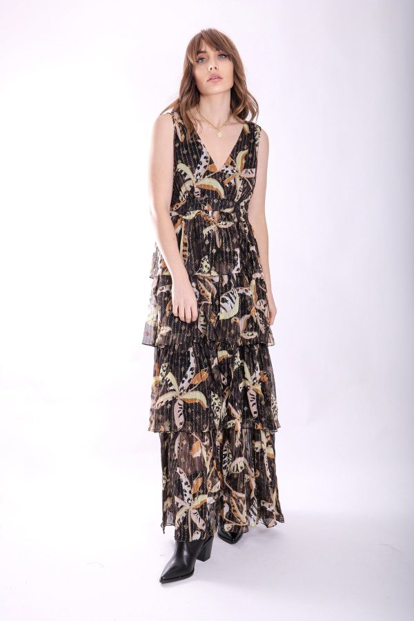 metallic flora ruffle maxi