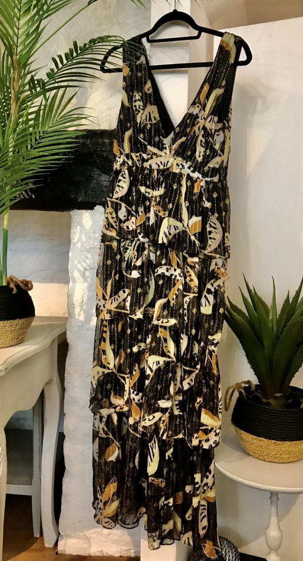 metallic floral ruffle maxi dress
