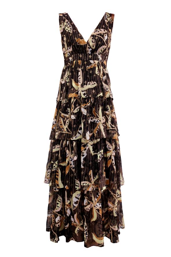 Metallic Floral Tiered Maxi Dress - Traffic People - At The Boutique ...