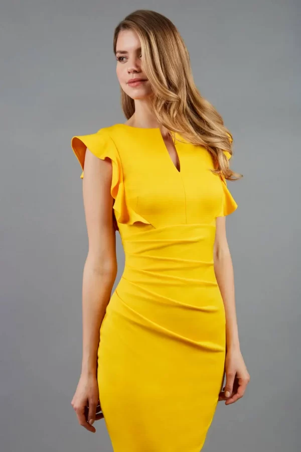 Blazing yellow ruffle shoulder dress by diva catwalk