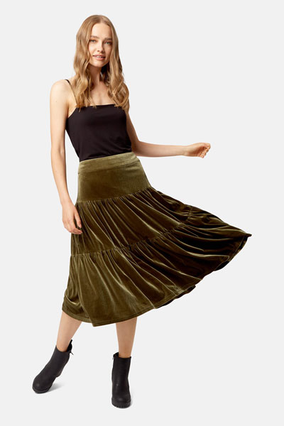 Green Velvet Tiered skirt by Traffic People