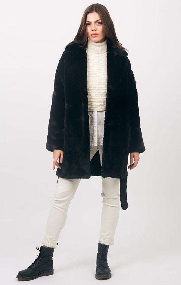 Michaela Black Faux Fur Belted Coat - At The Boutique Cirencester