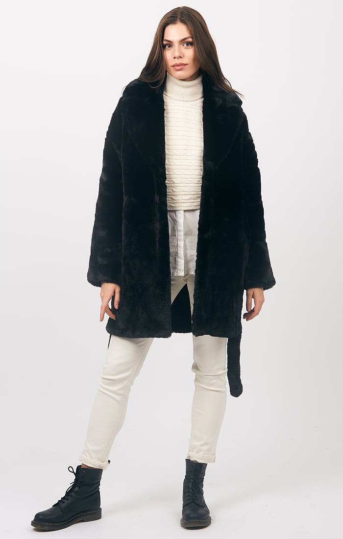 Black belted faux fur coat shop