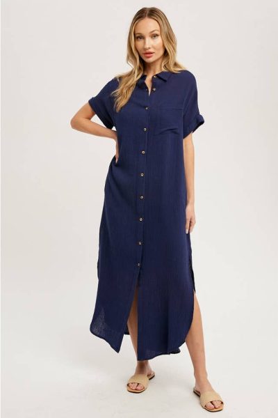 navy button up shirt dress