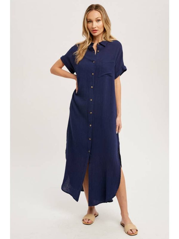 navy button up shirt dress