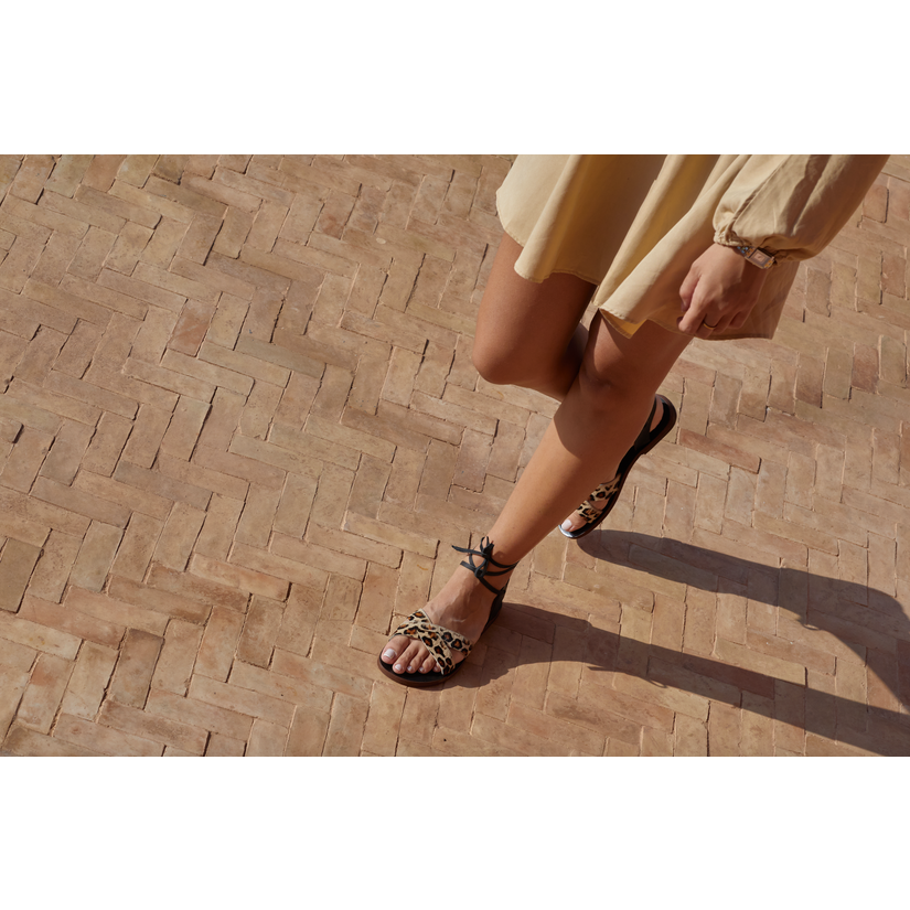 Black Ankle Tie Strap Leopard Sandals Oli Handmade Sandals