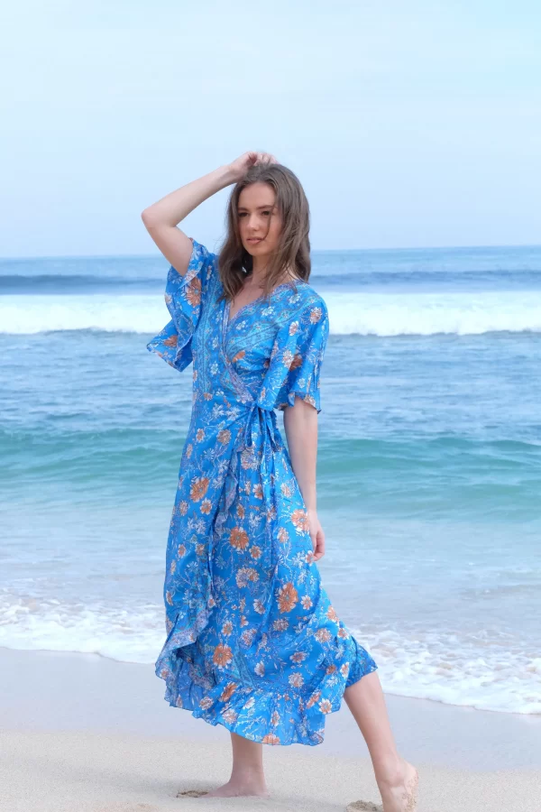 Blue hand block printed wrap dress