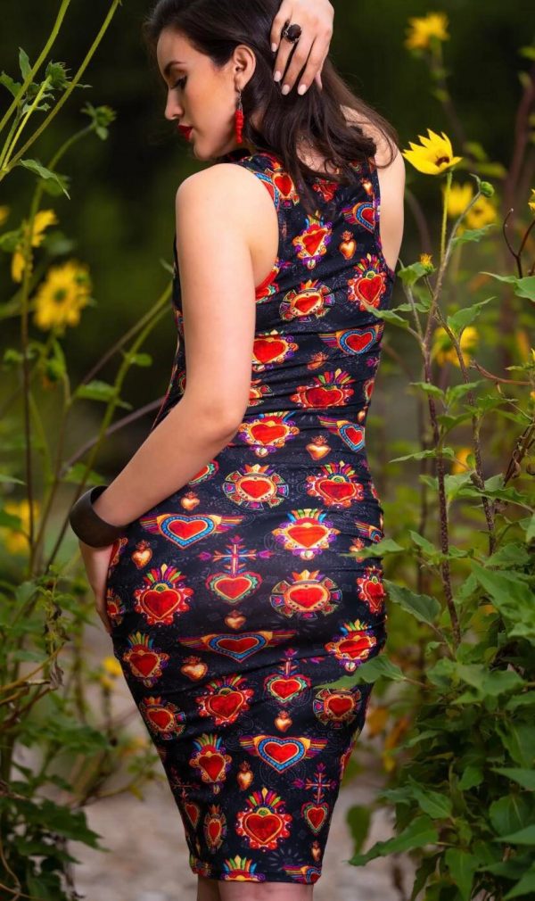Black Sacred Heart Ruched Bodycon Dress - by Paulina Clothing - Image 2