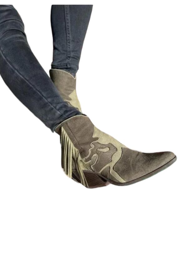 Vegan Khaki Green Tassel Ankle Boots - Image 2