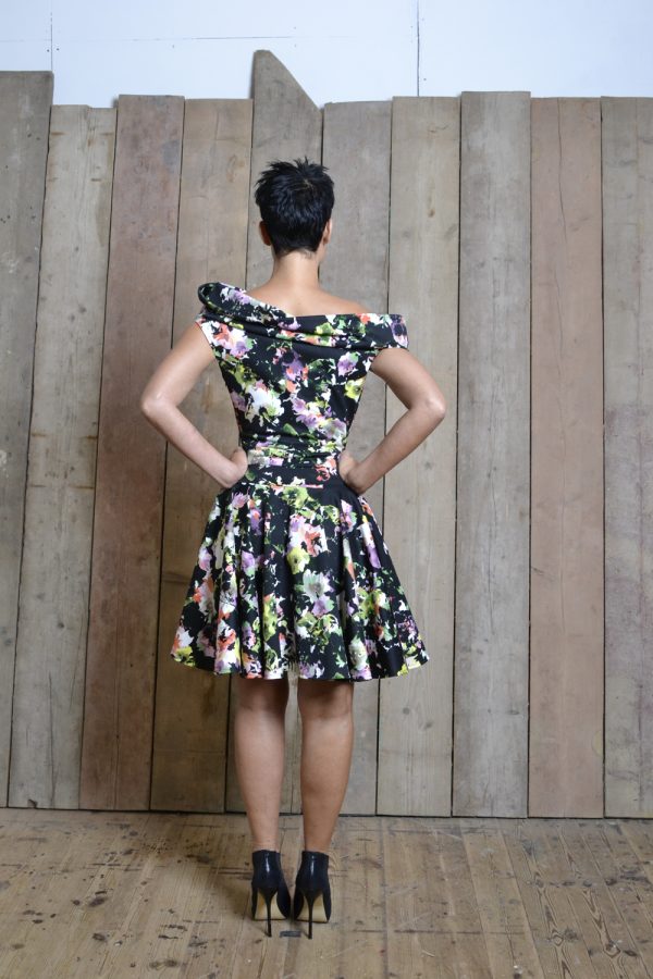Black Floral Off The Shoulder Mini Dress -Lisa Jayne Dann