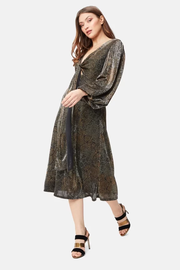 faltering dress in metallic paisley