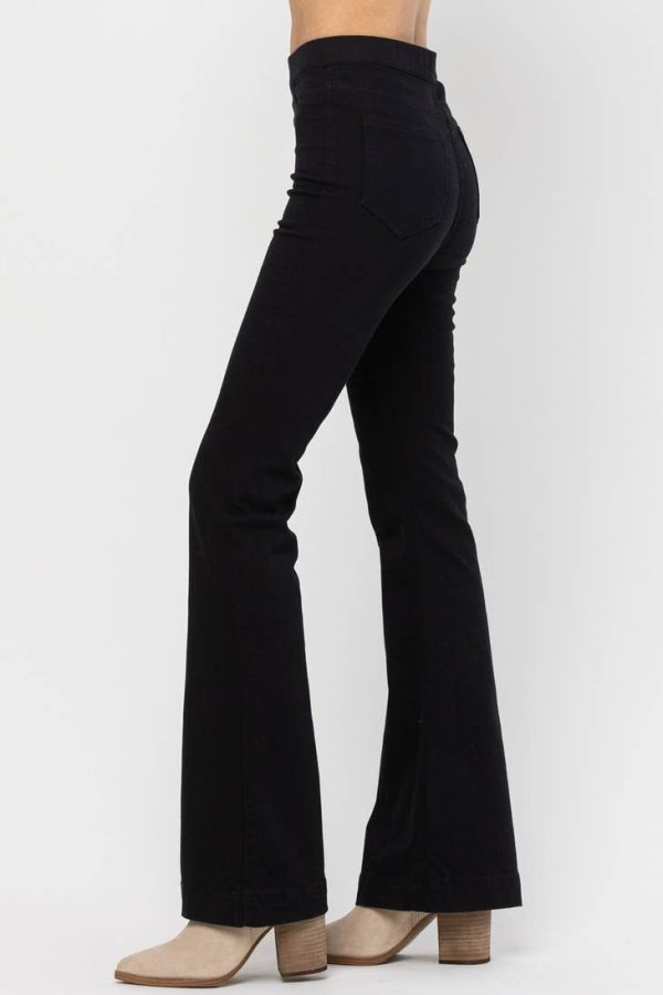 black pull on denim flares at the boutique
