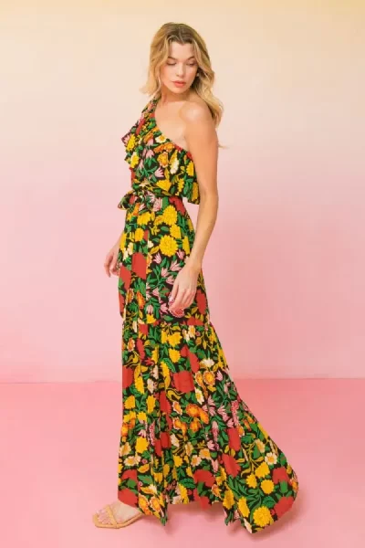 one shoulder floral maxi