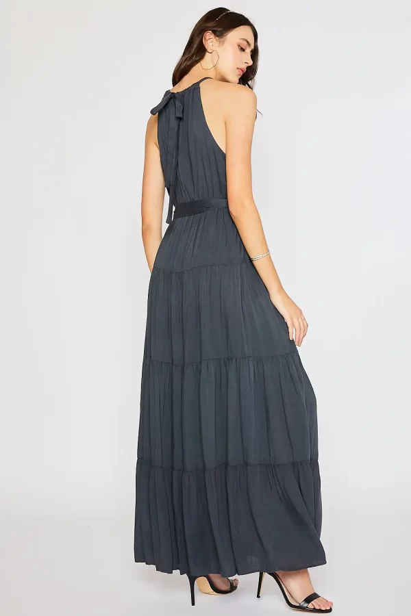 Slate Grey Halterneck Tiered Maxi Dress - Image 2