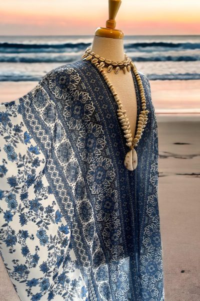 Blue And White Bordered Kaftan At The Boutique