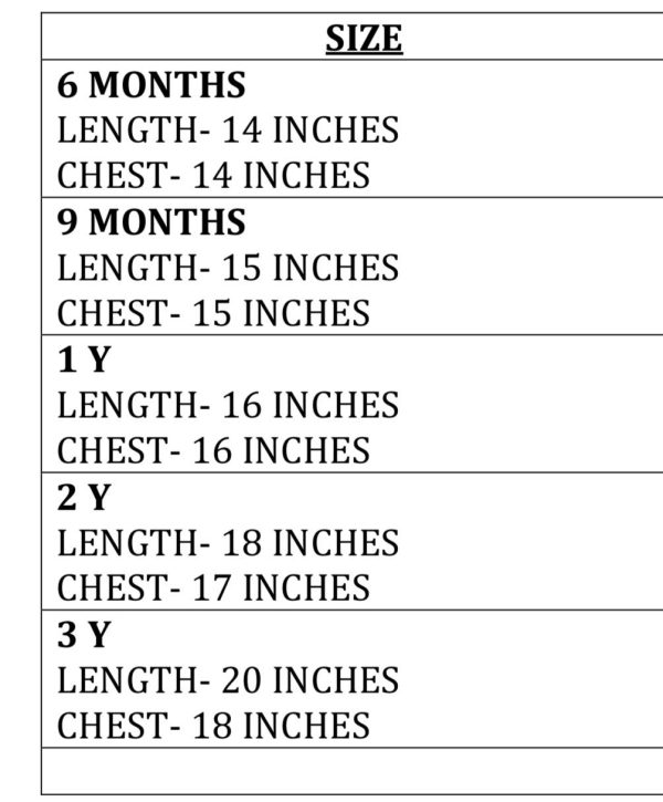 size chart for the Ophelia dress