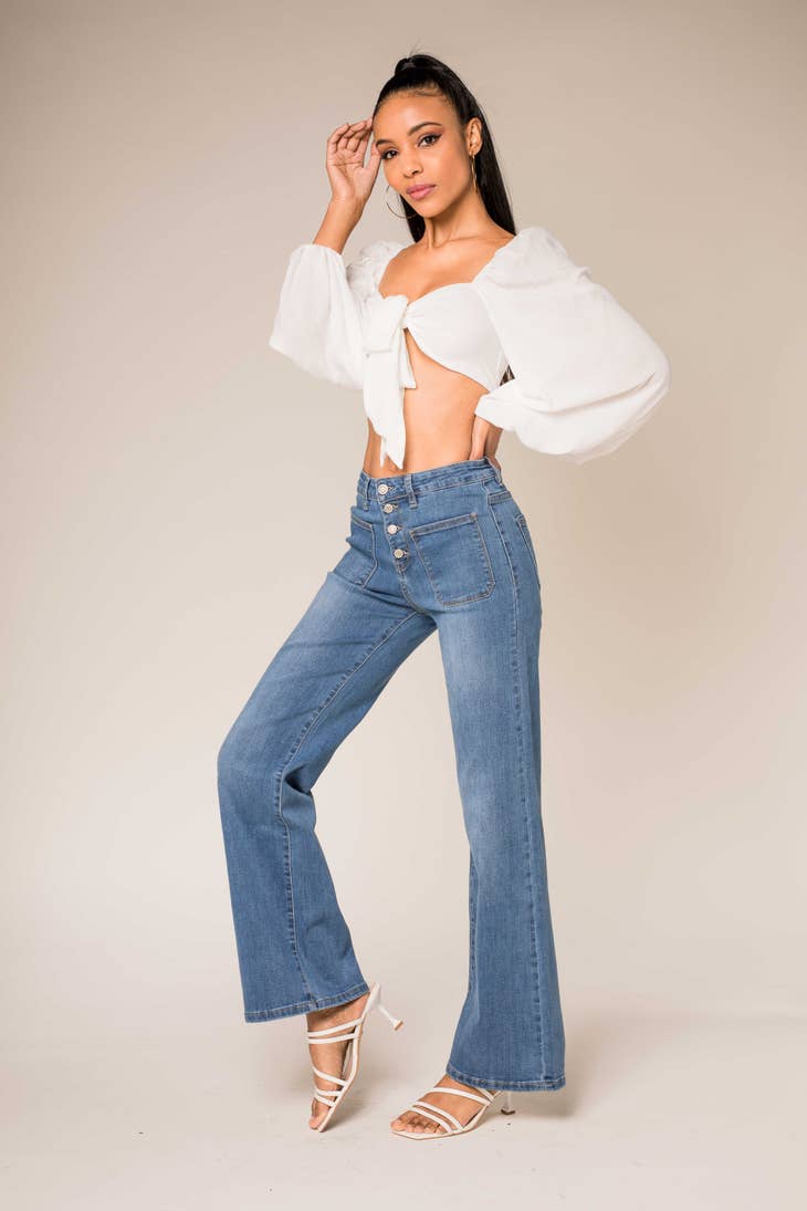 Front Pocket Button Up Flare Jeans - At The Boutique Cirencester
