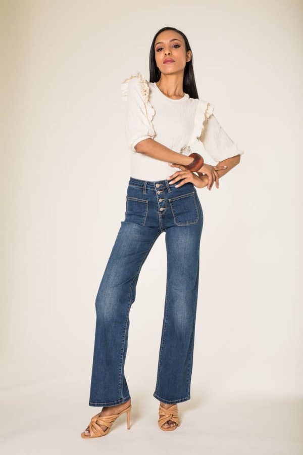 Front Pocket Button Up Flare Jeans