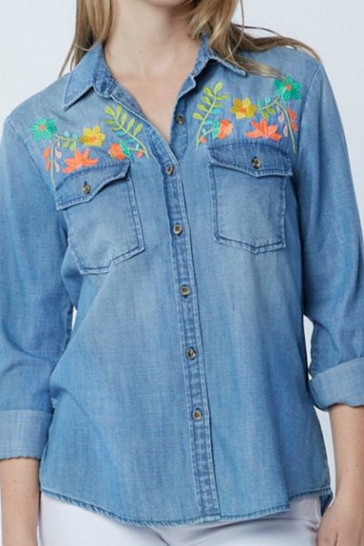 Floral embroidered denim shirt