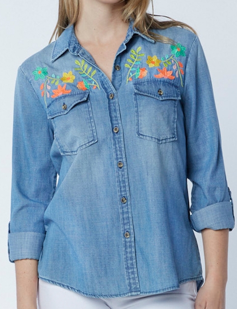 Floral Embroidered Button Up Denim Shirt - At The Boutique Cirencester