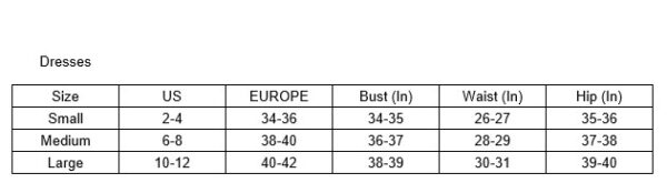 Gold dress Size Guide