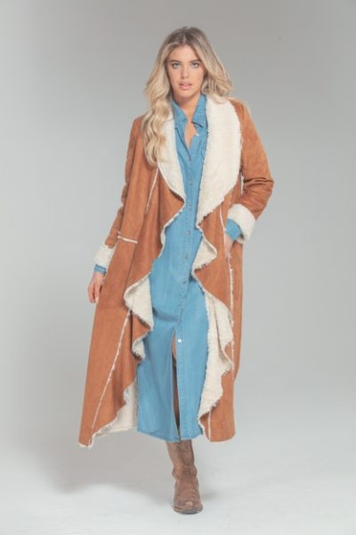 Faux Suede & Faux Shearling Lined Duster - Camel