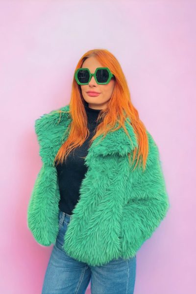 green faux fur london bomber