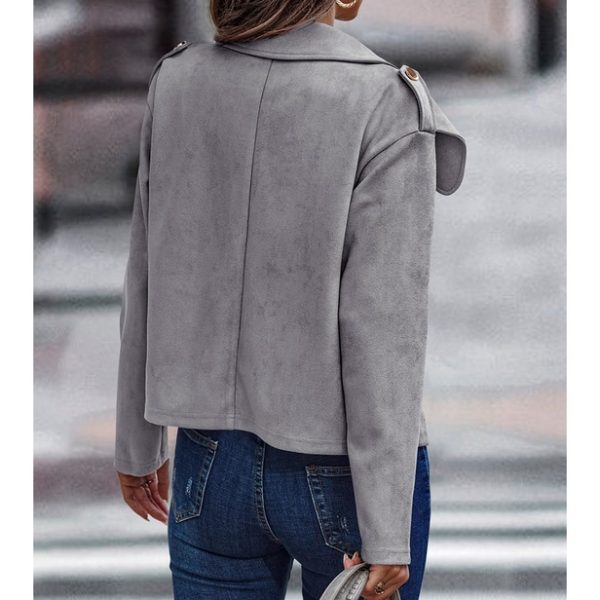 Faux Suede Grey Button Moto Jacket - Image 2