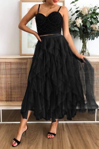 netted ruffle maxi skirt