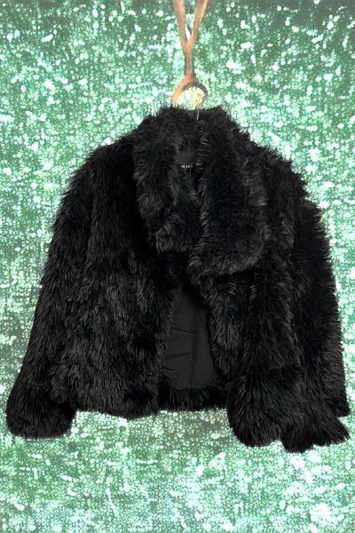 fluffy black faux fur bomber jacket