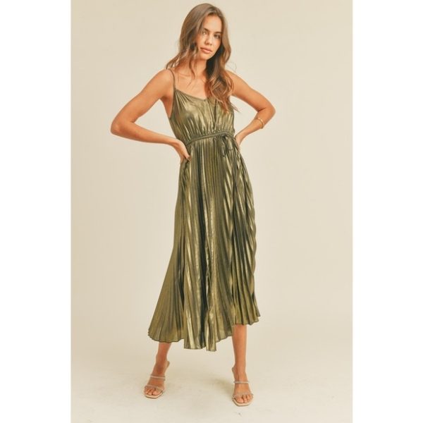 Metallic Gold Spaghetti Strap Midi Dress