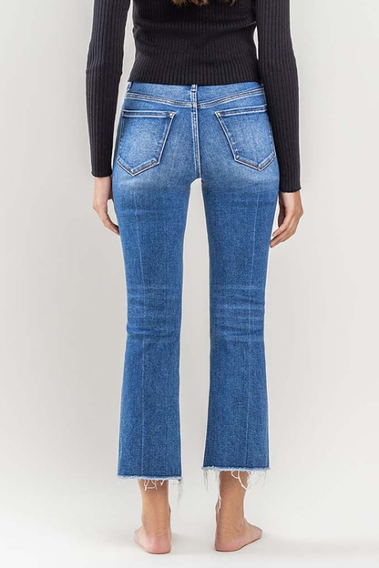 High Rise Kick Flare Cropped Frayed Jeans