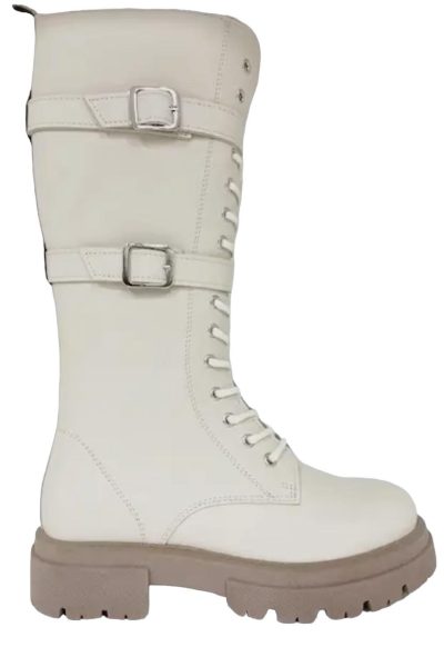 Long Cream Chunky Military Boots