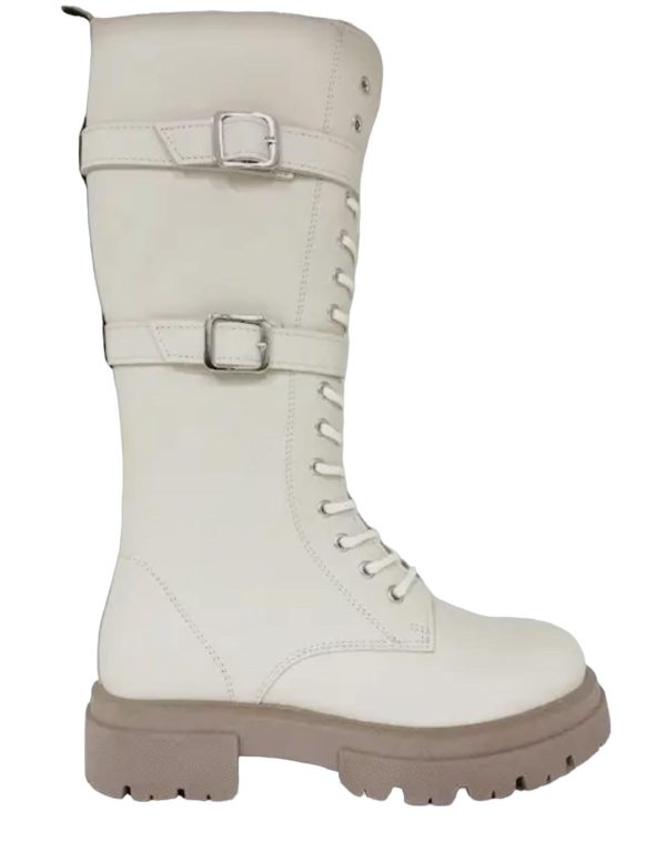 Long Cream Chunky Military Boots