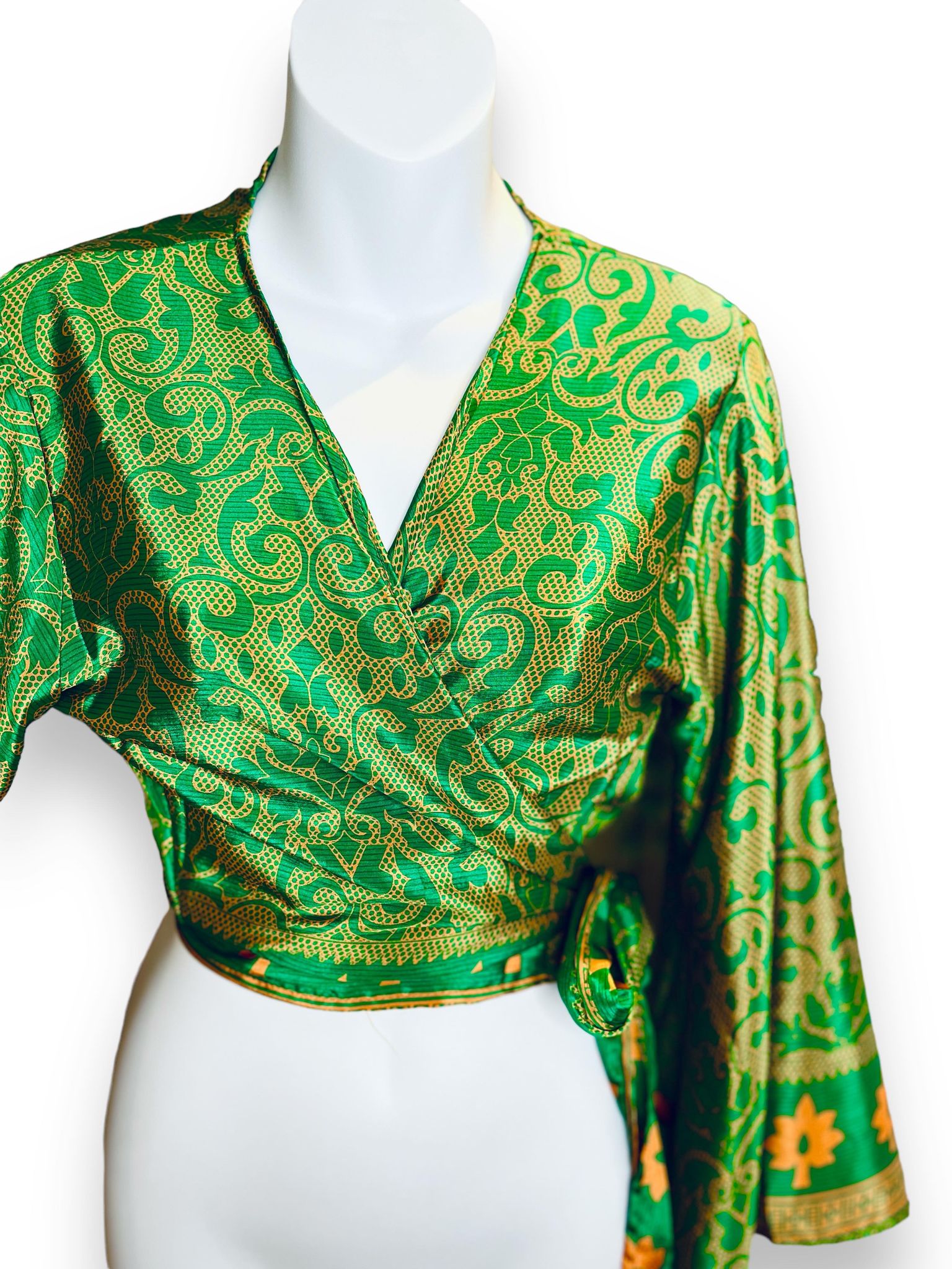 Green Silk sari top with bell sleeves