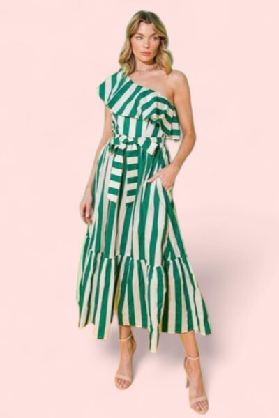 green striped one shoulder ruffle dress