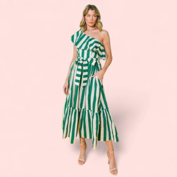 green striped one shoulder ruffle dress
