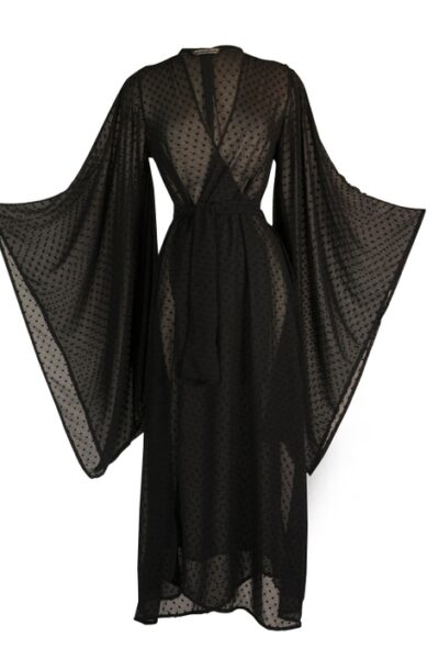 sheer black teese kimono tied close image.