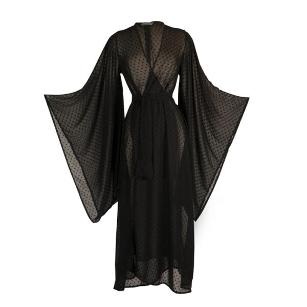 sheer black teese kimono tied close image.