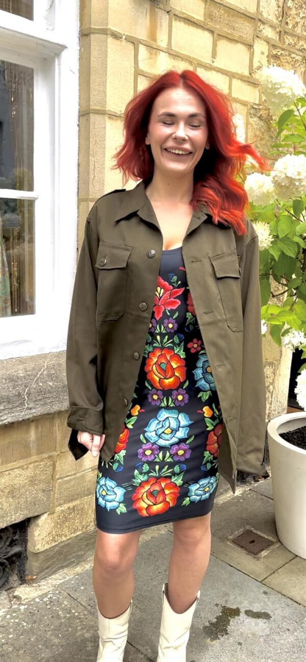 paulina dress and green embellished jacket
