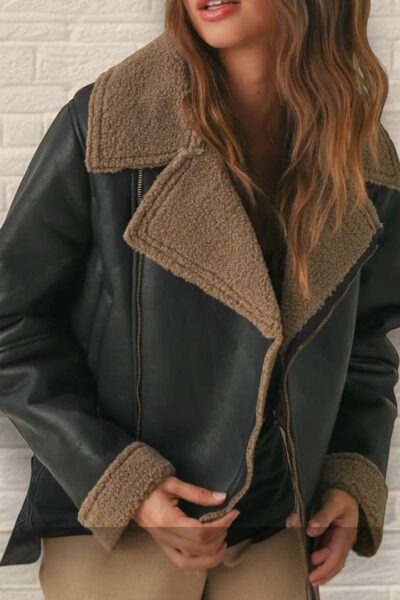 Black and Beige Faux Cropped shearling jacket
