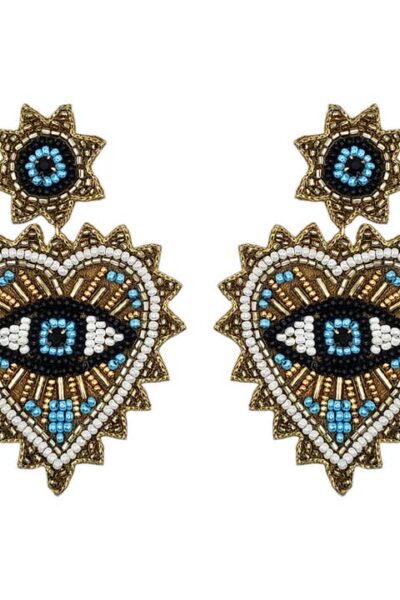 statement gold beaded eye and heart earrings