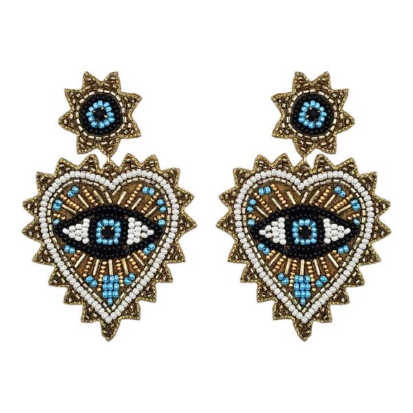 statement gold beaded eye and heart earrings
