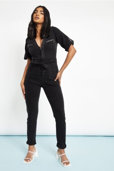 Black Denim Utility Jumpsuit