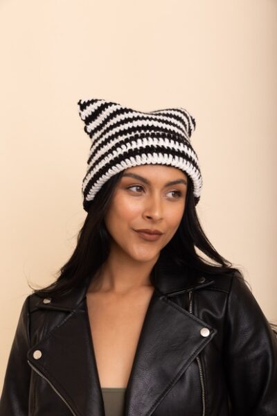 Black and White Crotchet Cat Ear Beanie