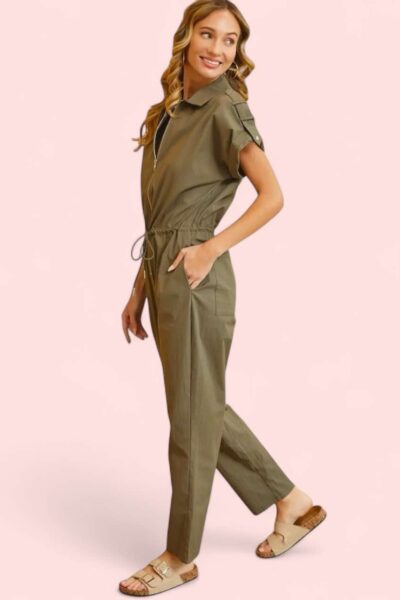 khaki zip up jumpsuit