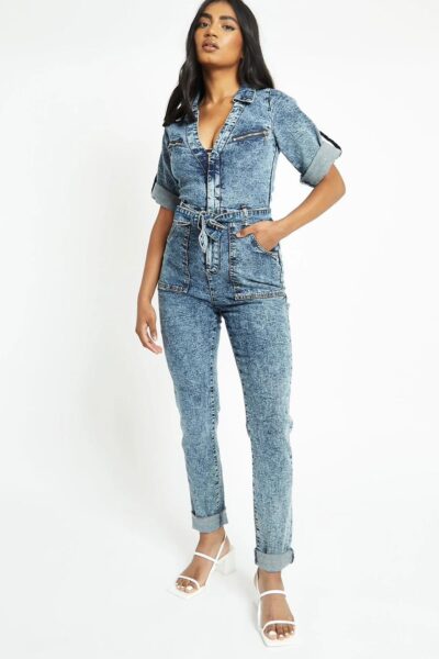 Mid Blue Denim Zip Up Utility Jumpsuit