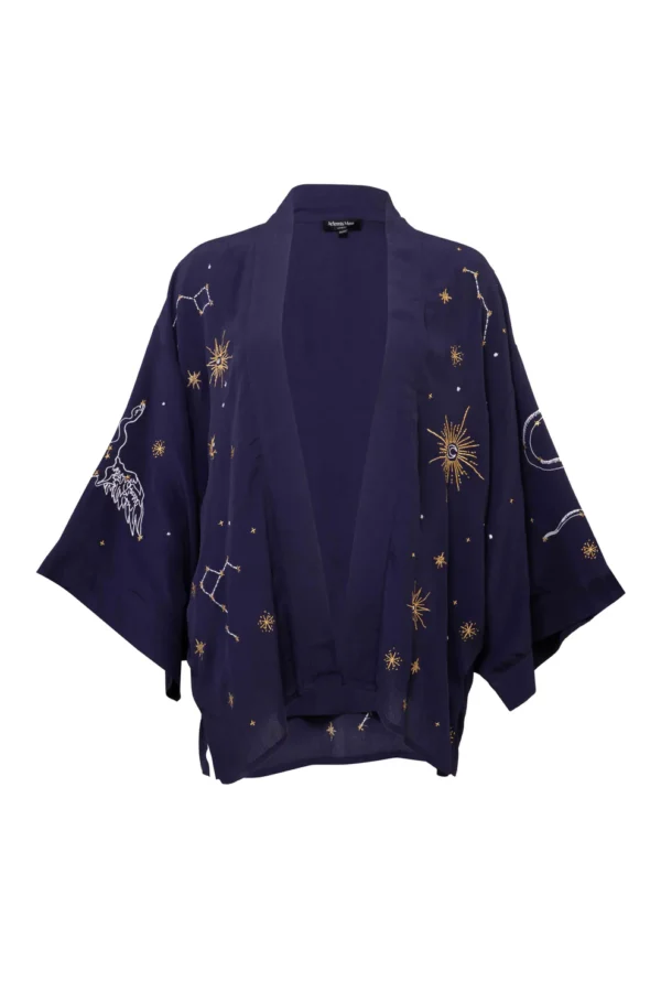 Cosmos Embroidered Navy and Gold Short Kimono - Artemis Muse - Image 3