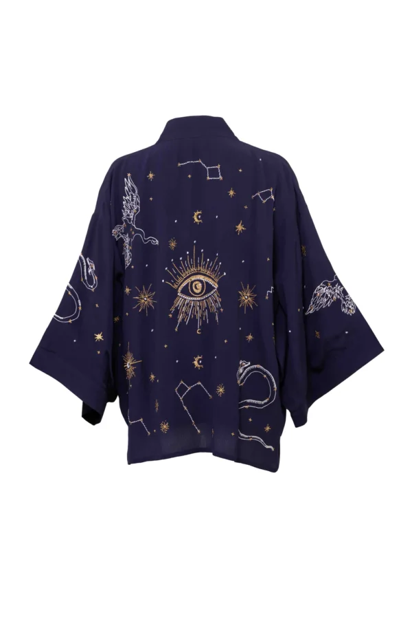 Cosmos Embroidered Navy and Gold Short Kimono - Artemis Muse - Image 4