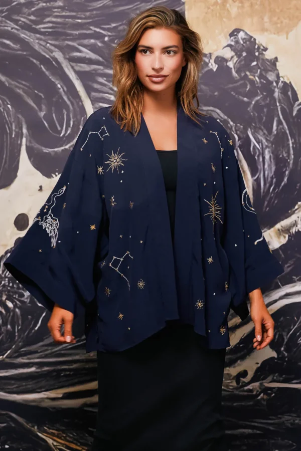 Cosmos Embroidered Navy and Gold Short Kimono - Artemis Muse